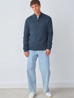 Mid Blue Plain N.Premium Regular Fit 100% Cotton Premium Quarter Zip Jumper