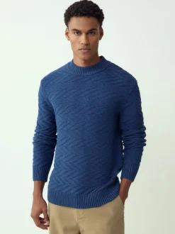 Mid Blue Regular Fit Cotton Rich Chevron Cable Crew Neck Jumper