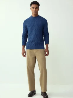 Mid Blue Regular Fit Cotton Rich Chevron Cable Crew Neck Jumper