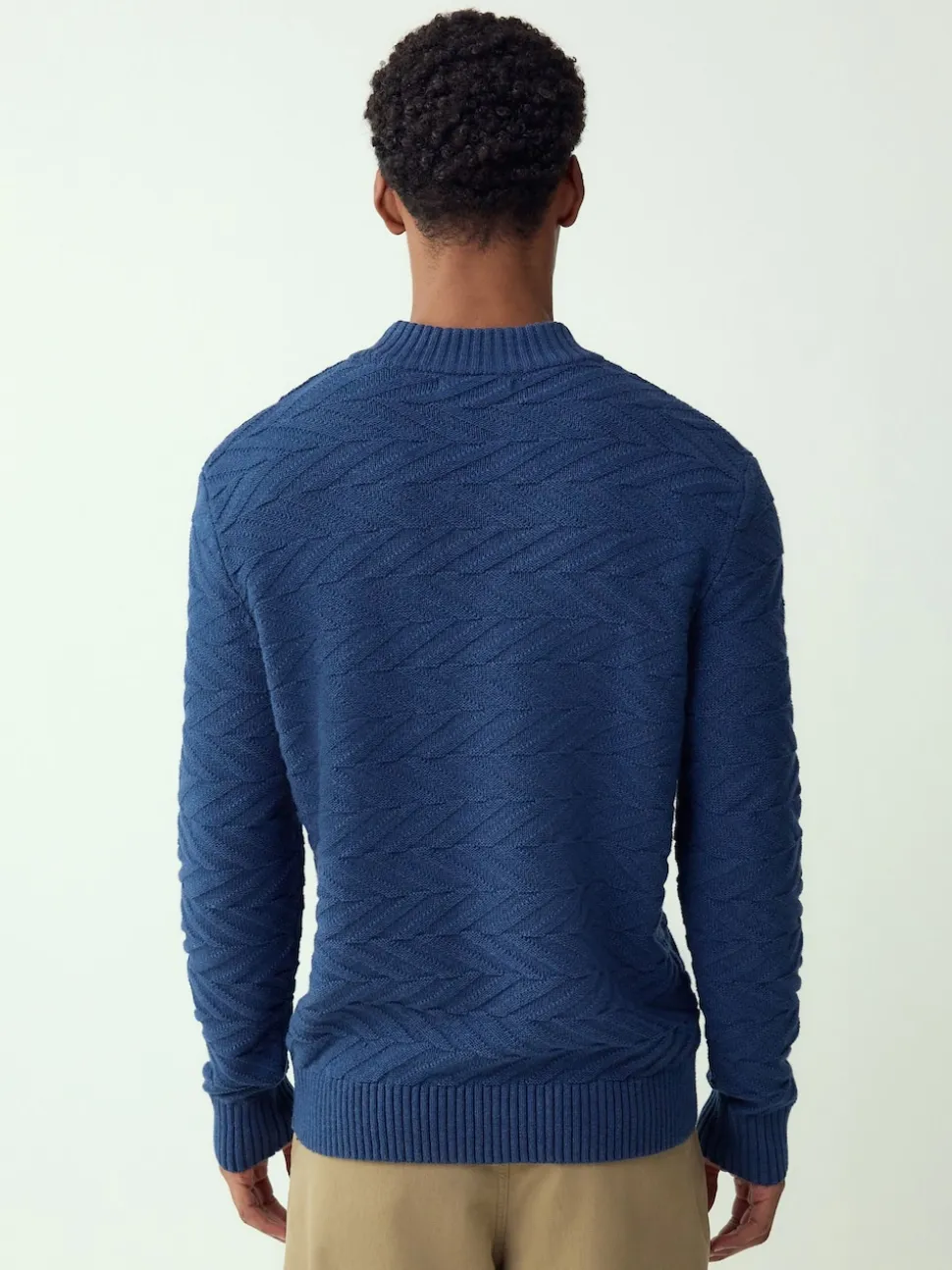 Mid Blue Regular Fit Cotton Rich Chevron Cable Crew Neck Jumper