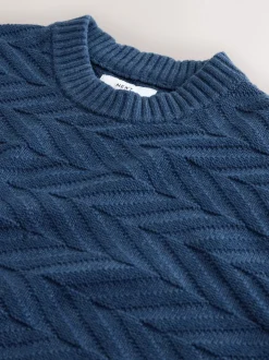Mid Blue Regular Fit Cotton Rich Chevron Cable Crew Neck Jumper