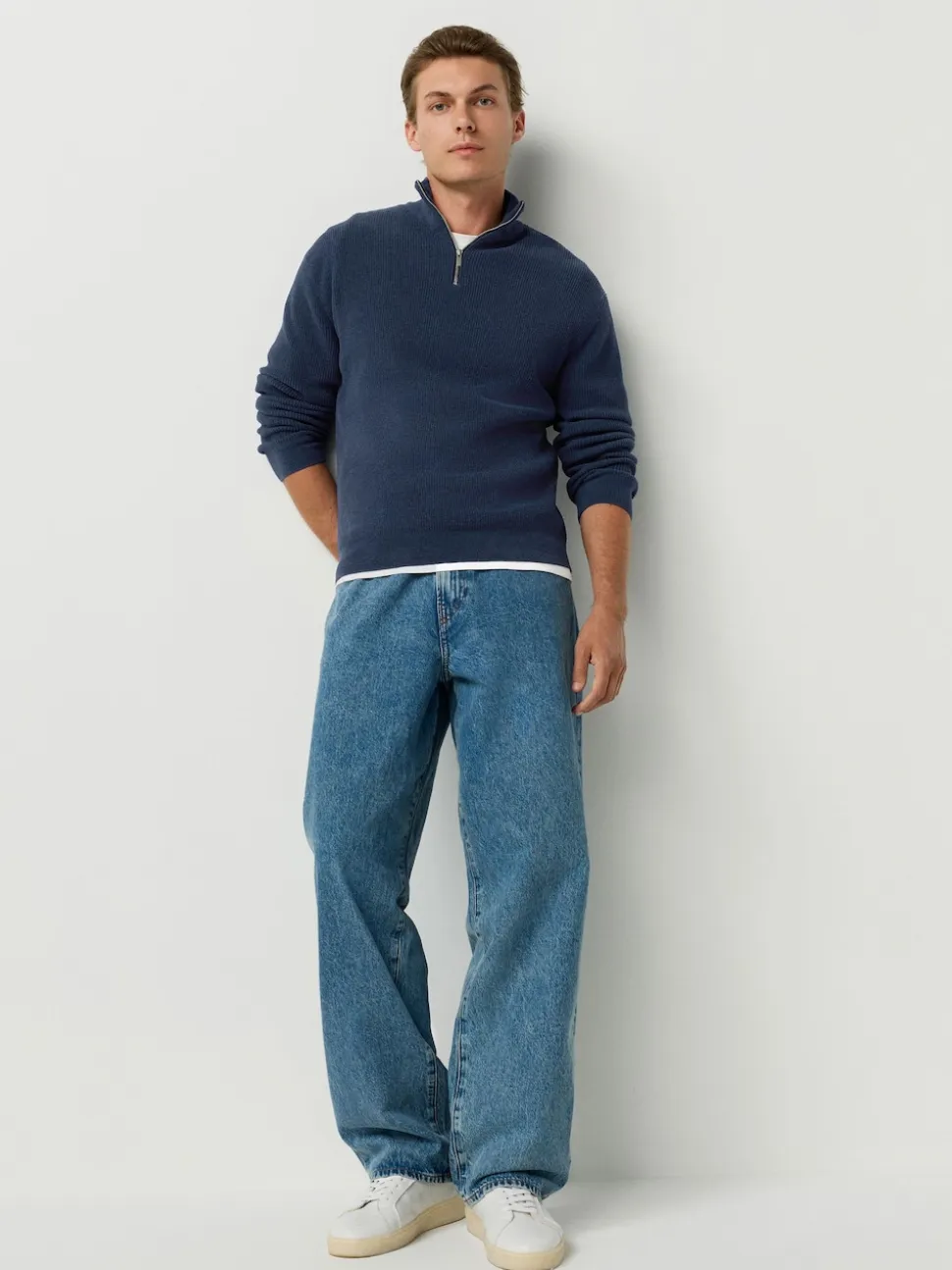 Mid Blue Regular Fit Ribbed Chenille Quarter Zip Jumper