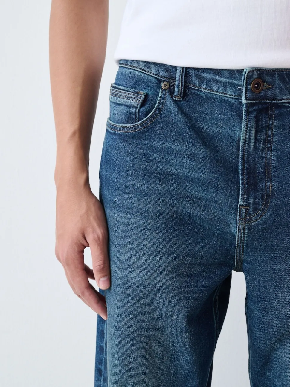 Mid Blue Relaxed Fit Authentic Stretch Denim Jeans