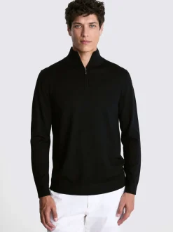 MOSS Black Merino-Blend Zip-Neck Jumper