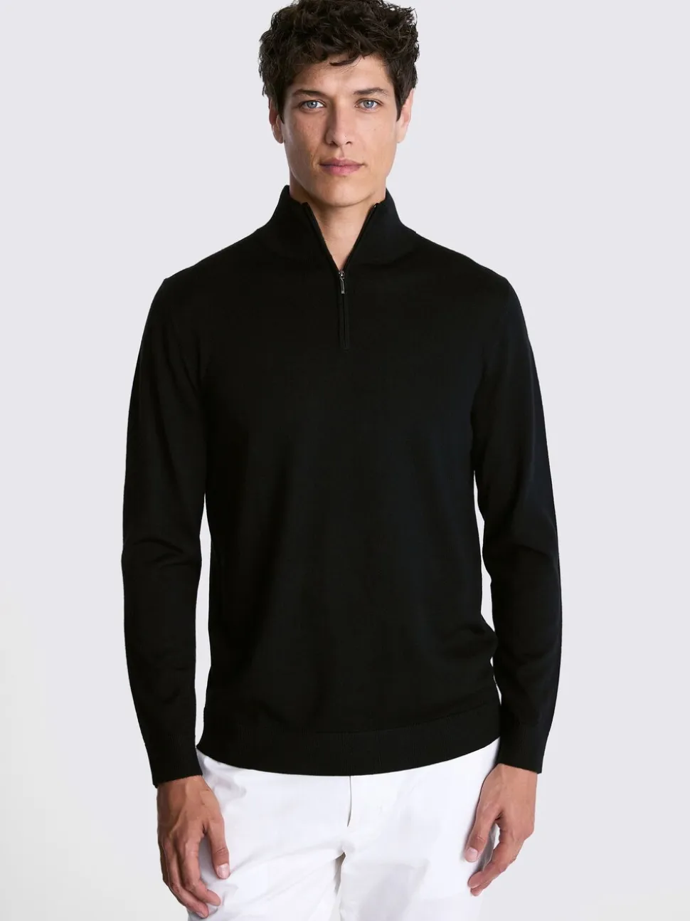 MOSS Black Merino-Blend Zip-Neck Jumper