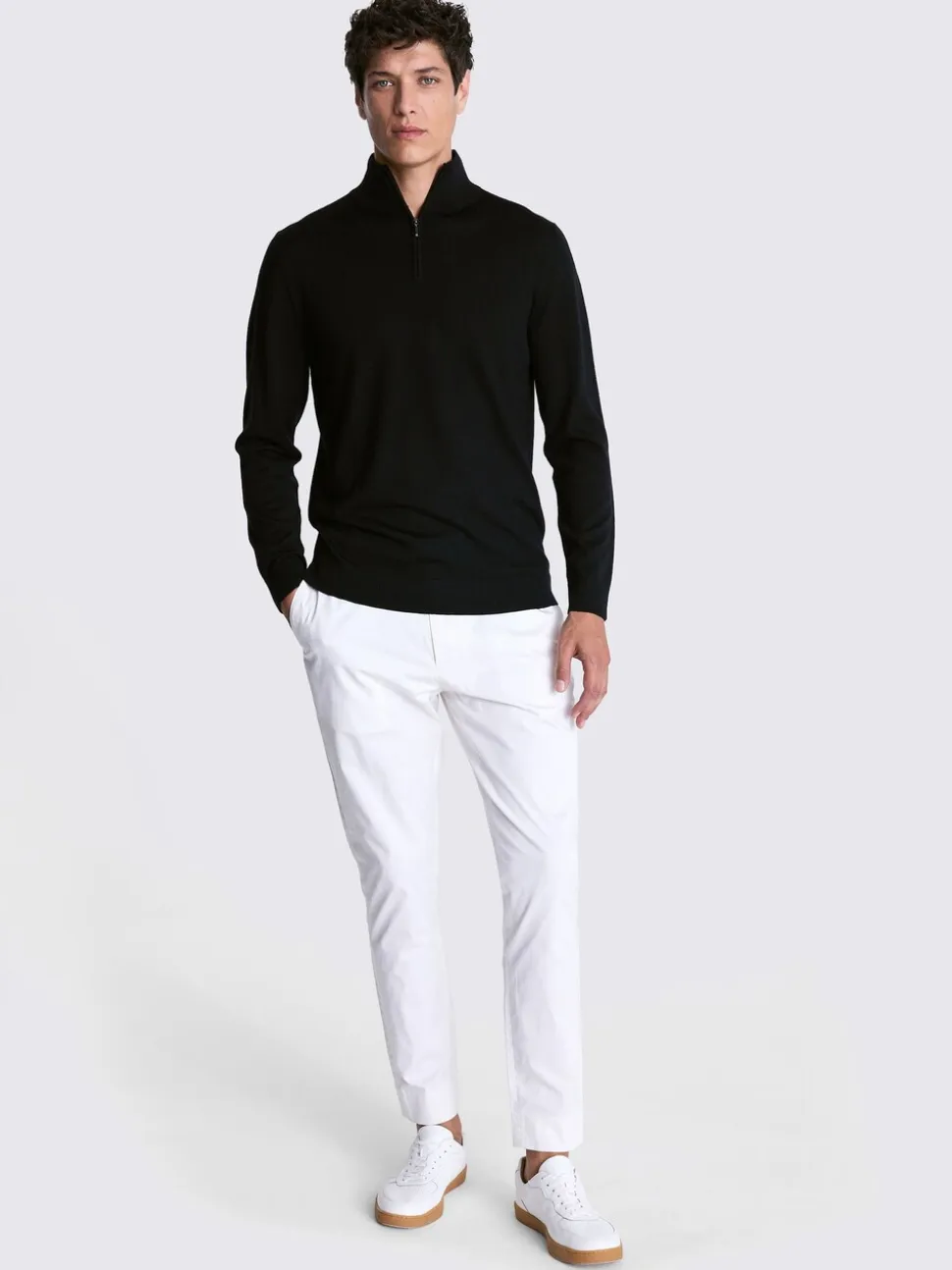 MOSS Black Merino-Blend Zip-Neck Jumper