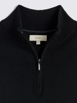 MOSS Black Merino-Blend Zip-Neck Jumper