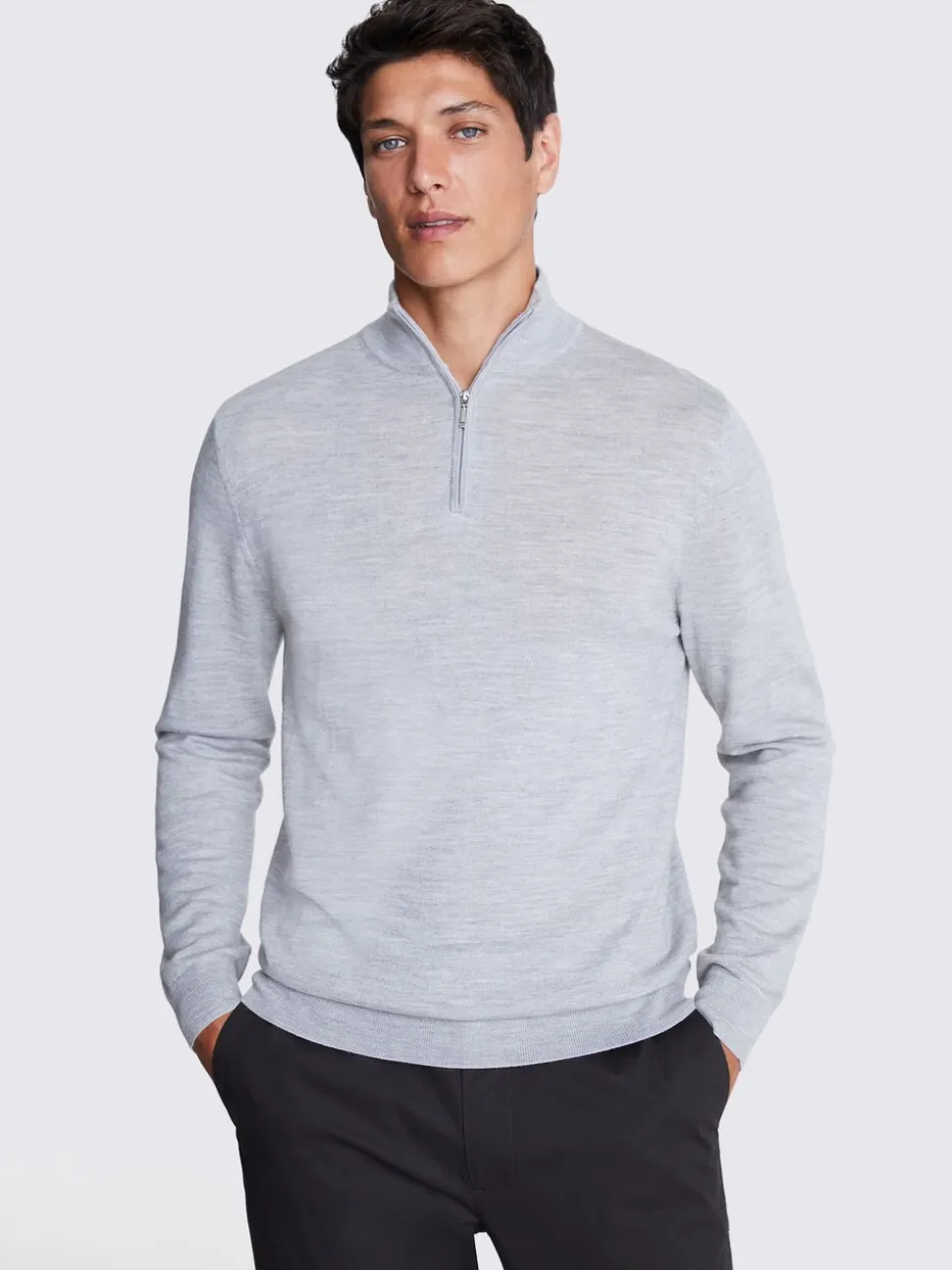 MOSS Light Grey Merino-Blend Zip-Neck Jumper