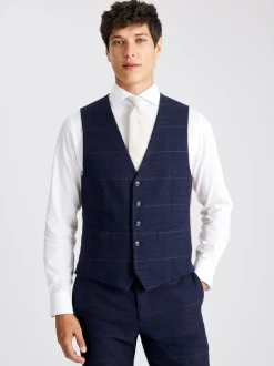 MOSS Navy Black Check Tailored Regular Fit Suit Waistcoat