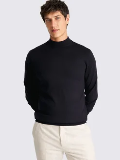 MOSS Navy Merino-Blend Mock-Neck Jumper