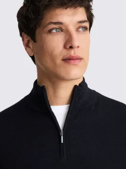MOSS Navy Merino-Blend Zip-Neck Jumper