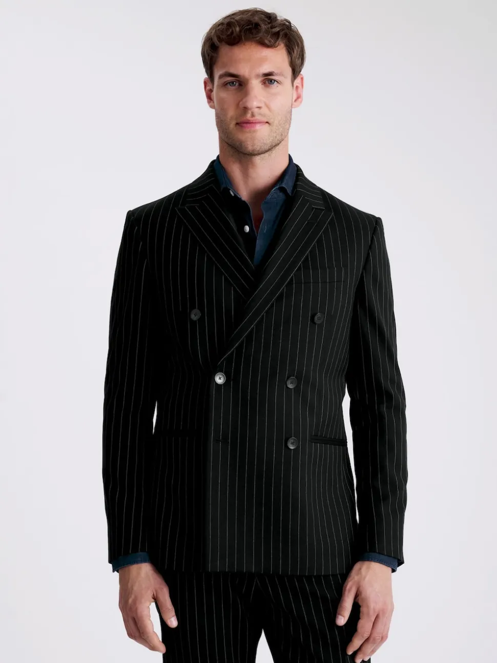 MOSS Navy Stripe Slim Double Breasted Suit Jacket