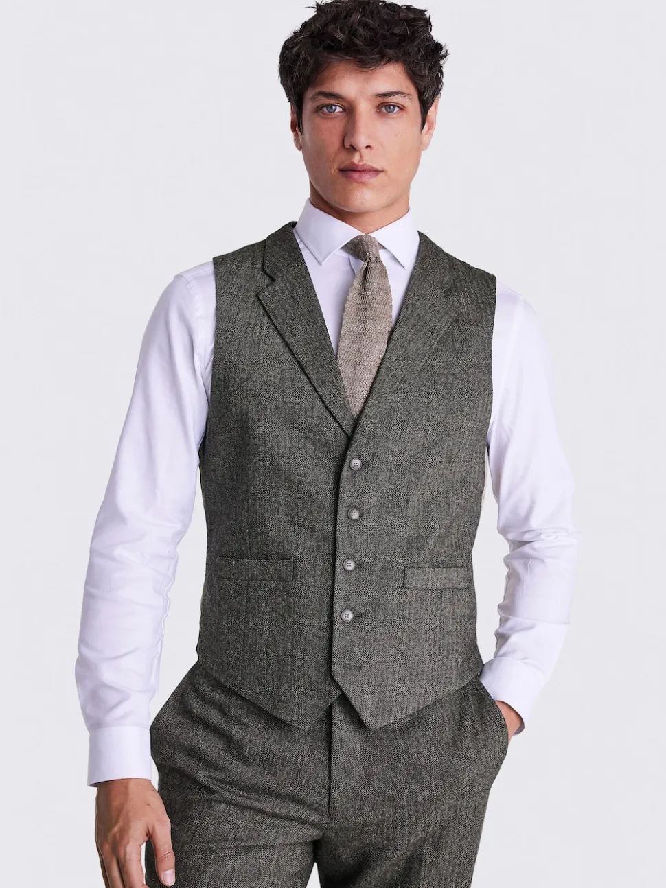 MOSS Olive Tailored Herringbone Suit Waistcoat