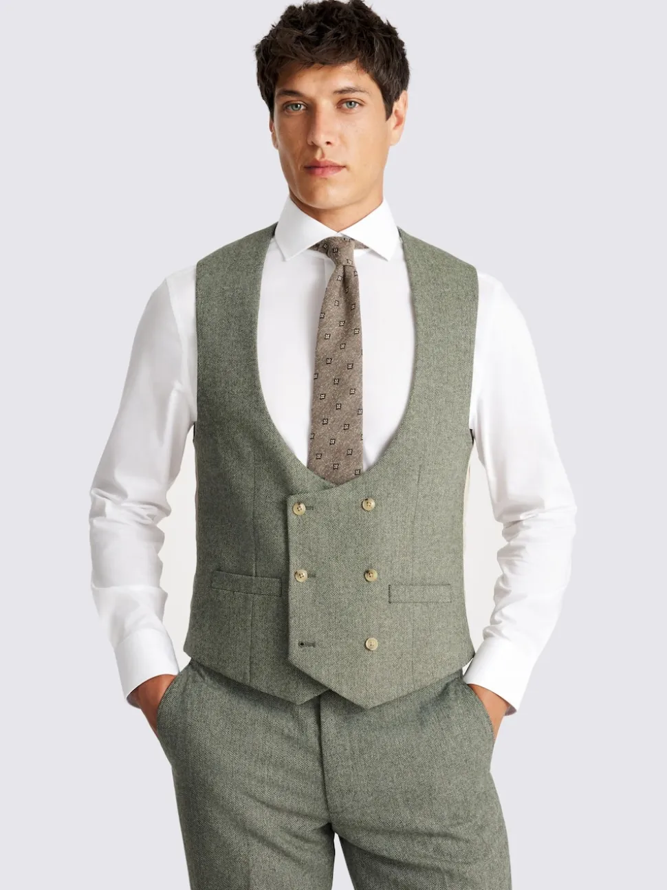 MOSS Sage Slim Herringbone Tweed Suit Waistcoat
