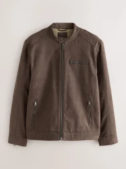 Mushroom Brown Faux Suede Borg Lined Zip Jacket