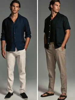 Mushroom Brown/Light Grey Linen Cotton Elasticated Drawstring Trousers 2 Pack