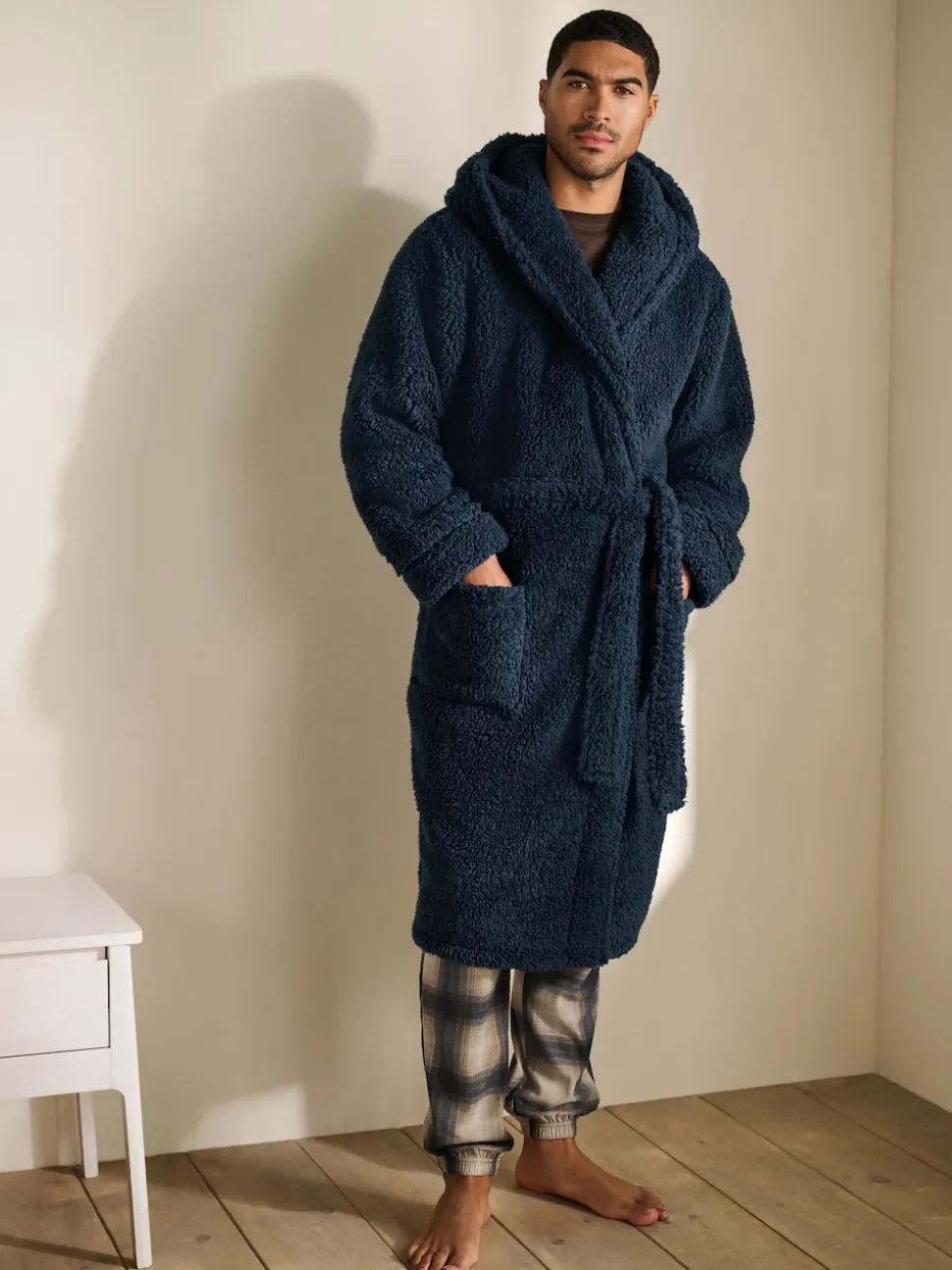 Navy Blue Borg Dressing Gown