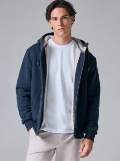 Navy Blue Borg Fleece Lined Full Zip Hoodie