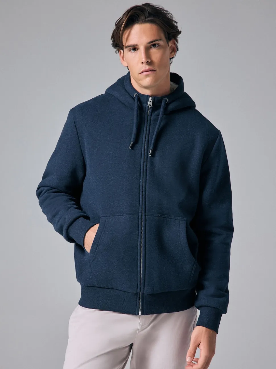Navy Blue Borg Fleece Lined Full Zip Hoodie