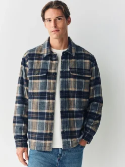 Navy Blue Borg Lined Check Shacket