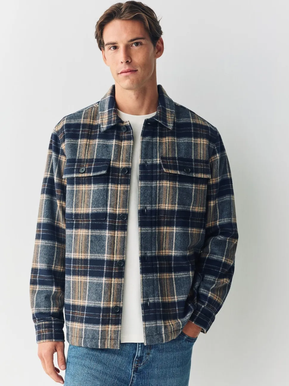 Navy Blue Borg Lined Check Shacket