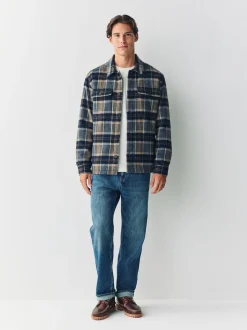 Navy Blue Borg Lined Check Shacket