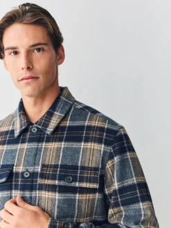 Navy Blue Borg Lined Check Shacket