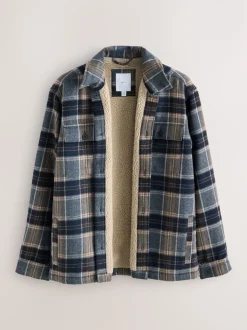 Navy Blue Borg Lined Check Shacket