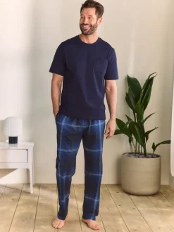 Navy Blue Check Short Sleeve Jersey Pyjamas Set