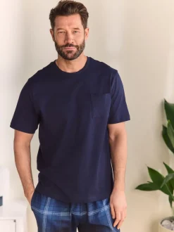 Navy Blue Check Short Sleeve Jersey Pyjamas Set