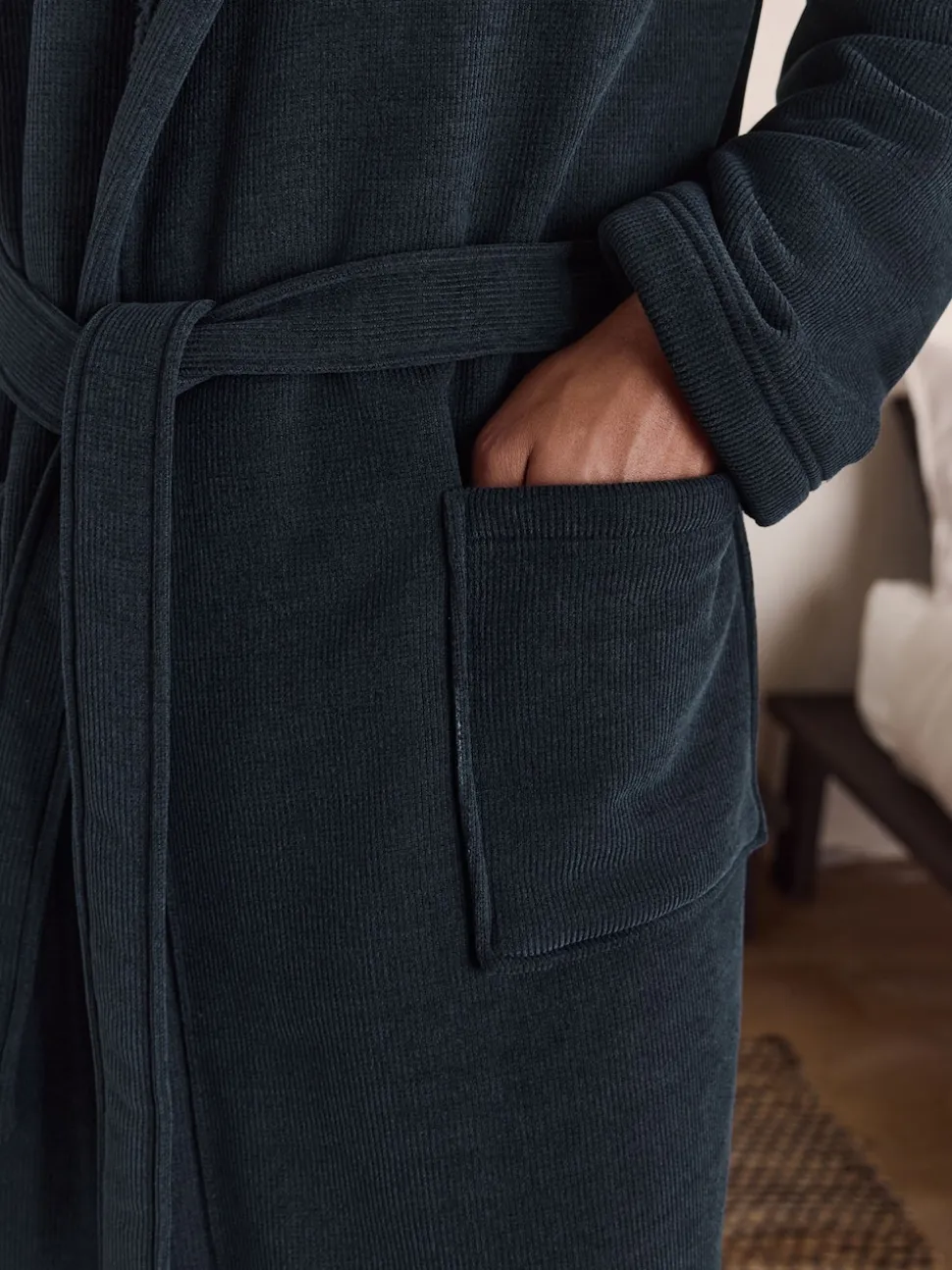 Navy Blue Corded Textured Dressing Gown