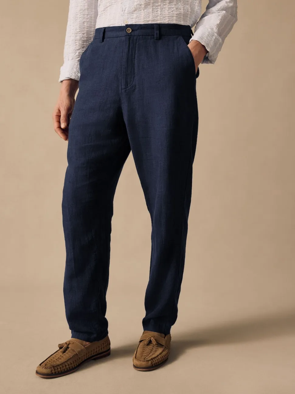 Navy Blue Elasticated Waist Textured Linen Blend Trousers