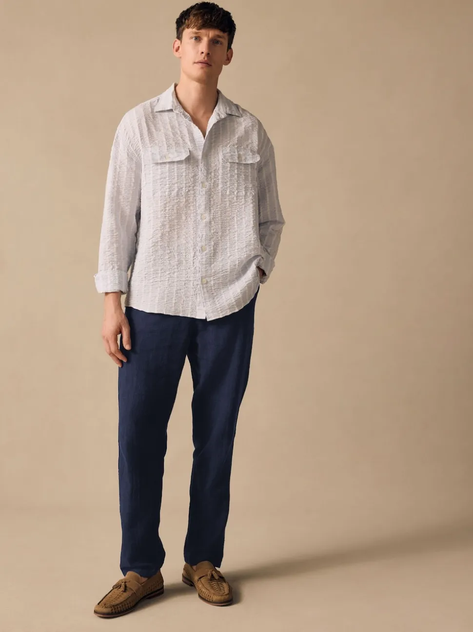 Navy Blue Elasticated Waist Textured Linen Blend Trousers