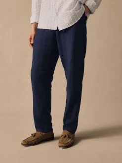 Navy Blue Elasticated Waist Textured Linen Blend Trousers