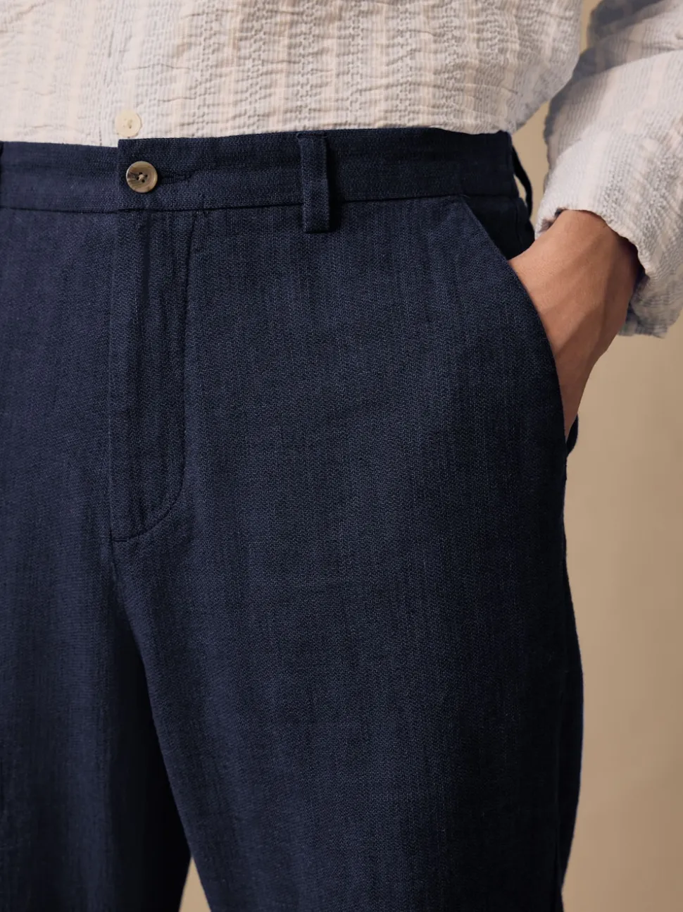 Navy Blue Elasticated Waist Textured Linen Blend Trousers