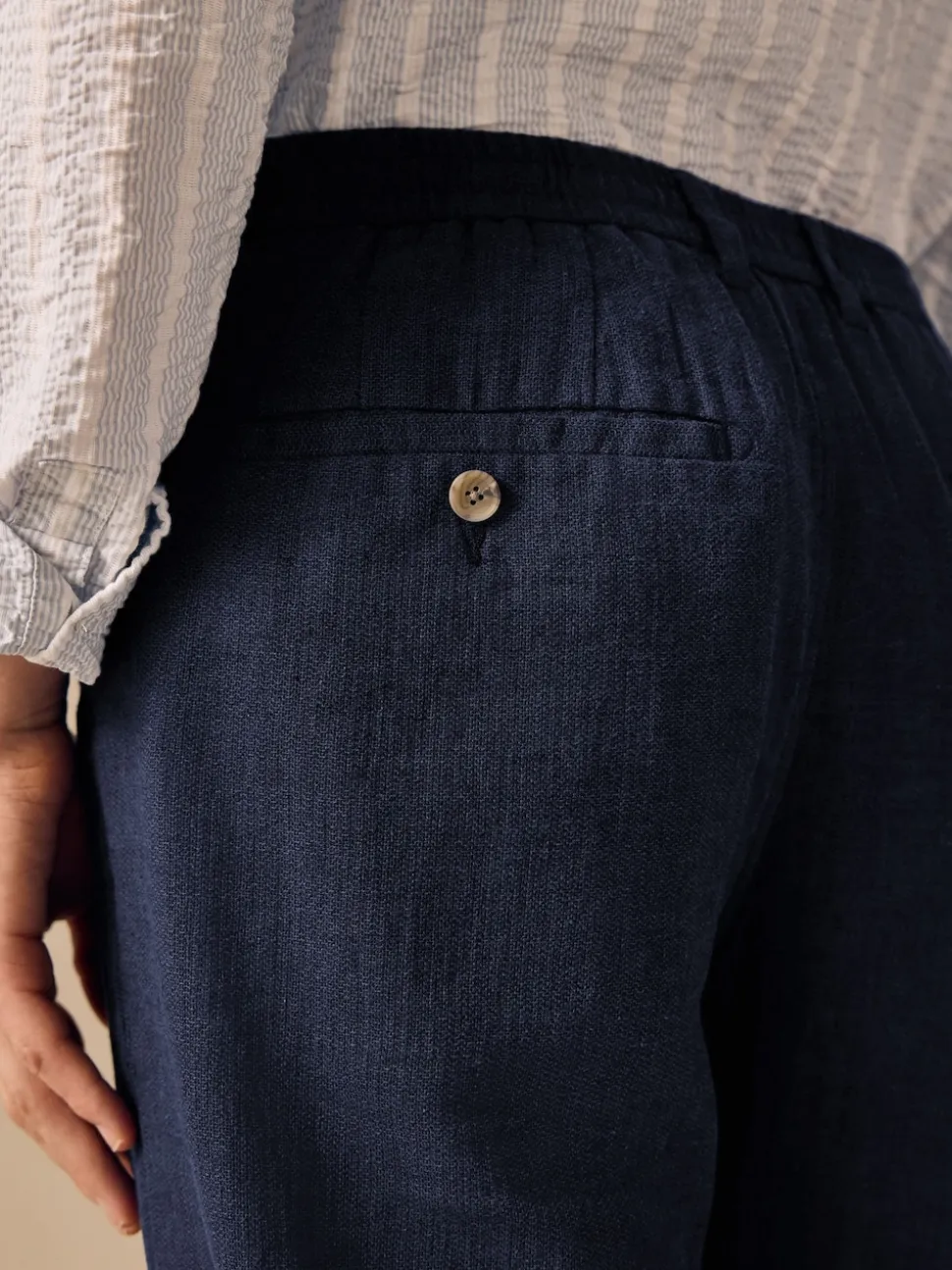Navy Blue Elasticated Waist Textured Linen Blend Trousers