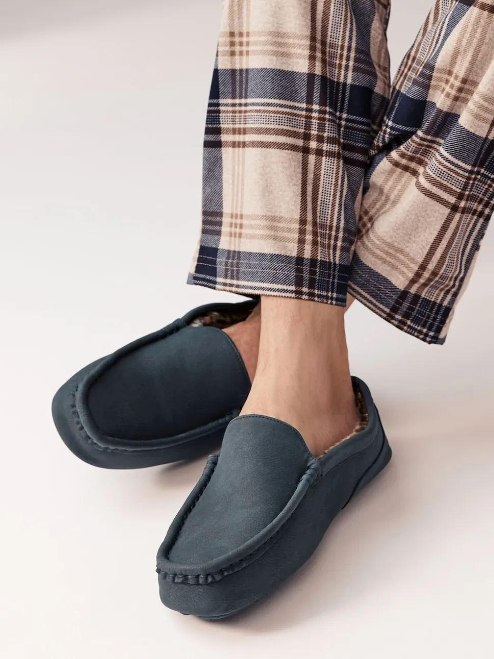 Navy Blue Faux Fur Lined Moccasin Slippers