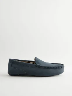 Navy Blue Faux Fur Lined Moccasin Slippers