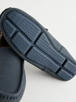 Navy Blue Faux Fur Lined Moccasin Slippers