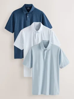 Navy Blue Geo Printed Short Sleeve Jersey Polo Shirts 3 Pack