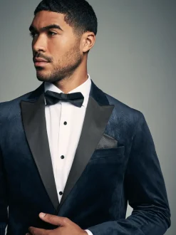 Navy Blue Geometric Slim Fit Patterned Velvet Blazer