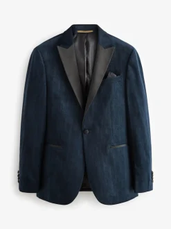 Navy Blue Geometric Slim Fit Patterned Velvet Blazer