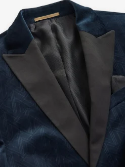Navy Blue Geometric Slim Fit Patterned Velvet Blazer