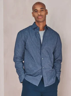 Navy Blue Gingham Regular Fit N.Premium Long Sleeve Smart Shirt