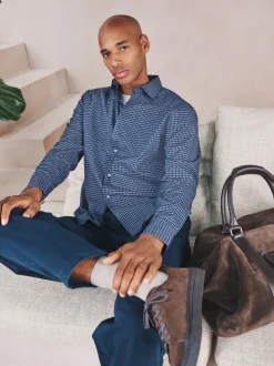 Navy Blue Gingham Regular Fit N.Premium Long Sleeve Smart Shirt