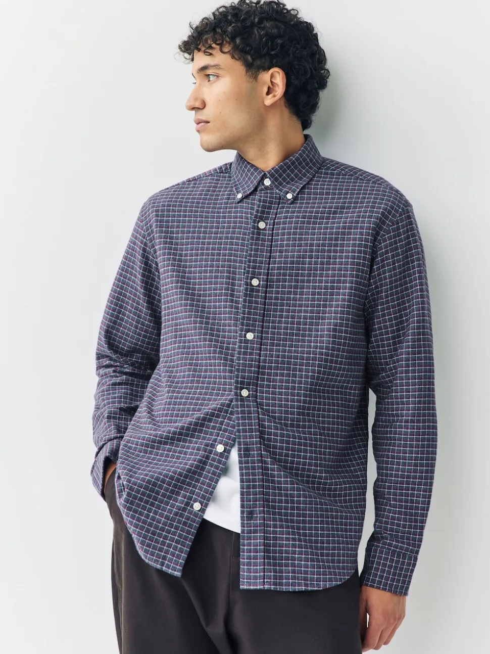 Navy Blue Long Sleeve Check Shirt