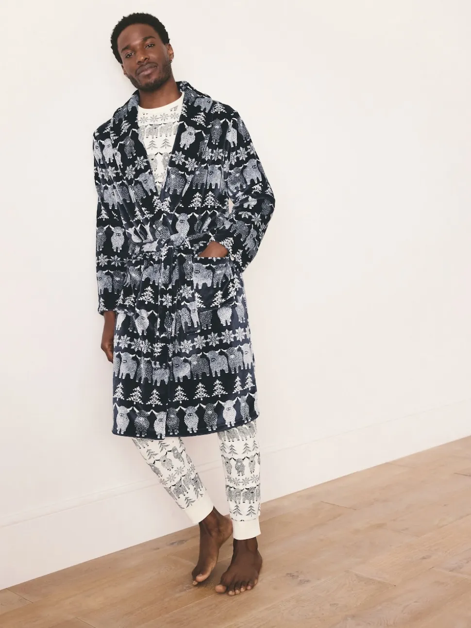 Navy Blue Matching Family Christmas Fairisle Pattern Hamish The Highland Cow Dressing Gown