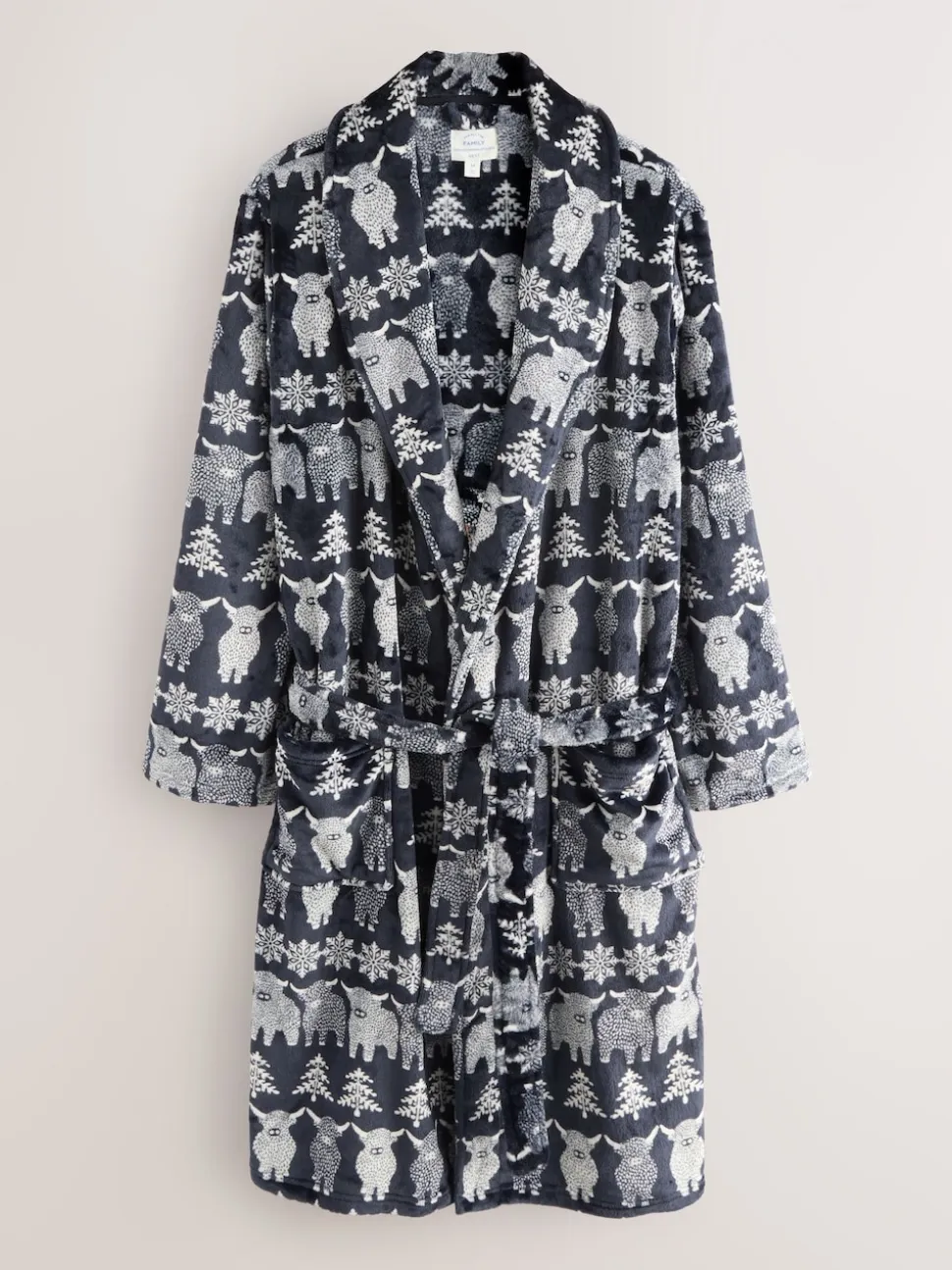 Navy Blue Matching Family Christmas Fairisle Pattern Hamish The Highland Cow Dressing Gown