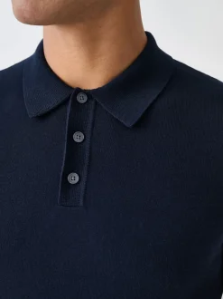 Navy Blue Muscle Fit Cotton Rich Short Sleeve Knit Polo Shirt