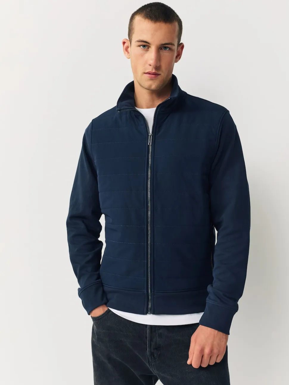 Navy Blue Non-Hooded Hybrid Full Zip Jacket